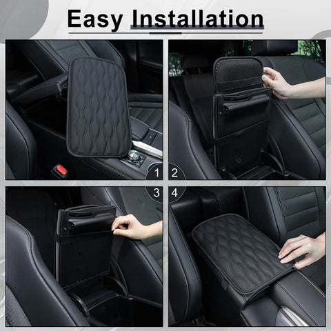 Top Shelf Leather Car Center Console Cover And Armrest Cushion Universal Waterproof Non Slip Pad For Sedans SuVs Trucks Black showing easy installation steps.