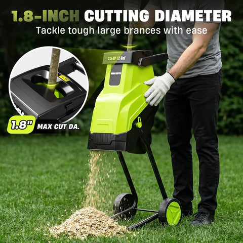 Person using Powerful 15 Amp Wood Chipper And Shredder for easy yard cleanup, shown with 1.8 inch cutting diameter.