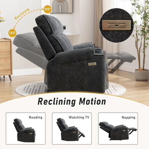 Electric Power Recliner Chair With Soft Fabric Upholstery Overstuffed Heavy Duty Sofa Chair With Metal Cup Holders Adjustable 100 Degree To 160 Degree Perfect For Living Room Or Bedroom Dark Gray showing reclining angles and USB port detail