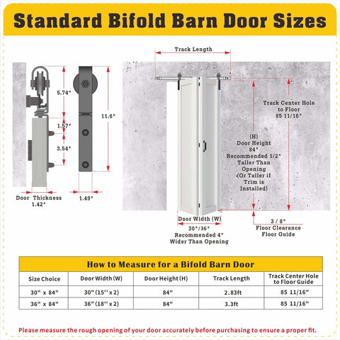 Two Panel Bifold Barn Door Kit For 30 Inch Openings Space Saving Indoor Sliding Door With Folding Panels And Hardware size guide chart