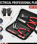 5 Piece Electrical Disconnect Pliers Kit With Gloves For Quick Release Auto Connector Tool For Fuel Lines Wiring Sensors And Coils Car Truck Repair Heavy Duty Set Red includes four pliers in black case.