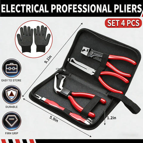 5 Piece Electrical Disconnect Pliers Kit With Gloves For Quick Release Auto Connector Tool For Fuel Lines Wiring Sensors And Coils Car Truck Repair Heavy Duty Set Red includes four pliers in black case.