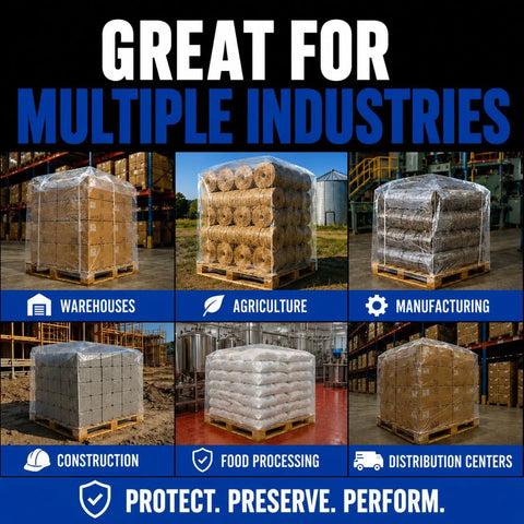 Heavy Duty Clear Pallet Covers Hella Tough American Made Tarp For Warehouse Racks And Outside Gear No Sweat Shielding From Rain Snow Dust With Solid One Month UV Resistant Coating Bulk Pack Of One Hundred uses showcased in various industries.