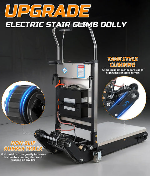 Top Shelf 1200W Electric Stair Climbing Hand Truck With Upgraded Rubber Tracks, Heavy Duty Lithium Battery Trolley showing non-slip rubber track.