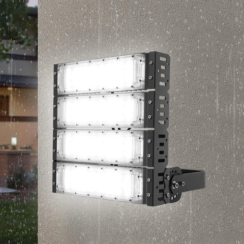 Stadium Flood Light 200W IP67 Water-Resistant 180° Adjustable Bracket mounted on wall, showcasing durable aluminum design.