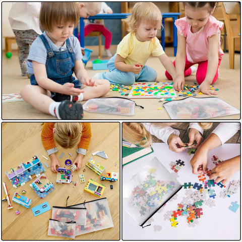 Children playing with toys and puzzles using the 30 Piece Multisize Mesh Zipper Pouch Set For Travel And Home Organization Waterproof Plastic Document Bags In 8 Sizes With Color Labels.