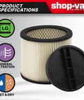 2-Pack Reusable Large Wet And Dry Vacuum Cartridge Filter For Heavy Duty Cleanup At Home, Garage Or Workshop, Compatible With A Wide Range Of Wet Dry Vacuums displayed with specifications icons.