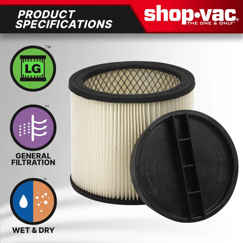 2-Pack Reusable Large Wet And Dry Vacuum Cartridge Filter For Heavy Duty Cleanup At Home, Garage Or Workshop, Compatible With A Wide Range Of Wet Dry Vacuums displayed with specifications icons.