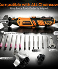 Badass 180W Cordless Chainsaw Sharpener Kit Gnarly Multi Purpose Rotary Tool with angle attachment and grinding stones.