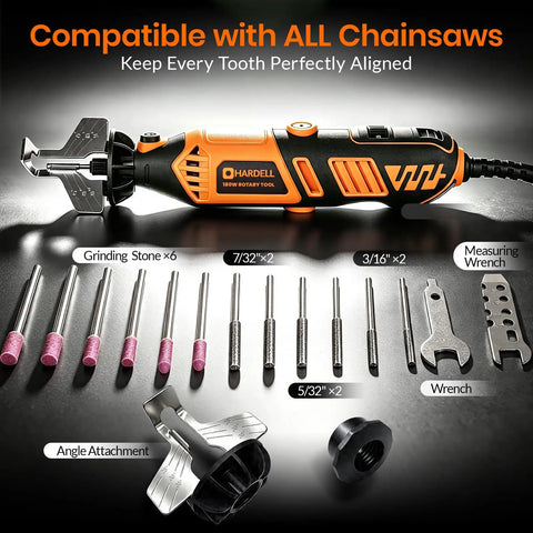 Badass 180W Cordless Chainsaw Sharpener Kit Gnarly Multi Purpose Rotary Tool with angle attachment and grinding stones.