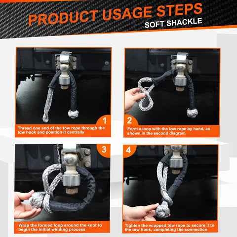 Step-by-step guide using Two Pack 1/2 Inch By 22 Inch Synthetic Soft Shackles For Offroad Recovery And Towing, Gray, 37,478 Lbs Breaking Strength.