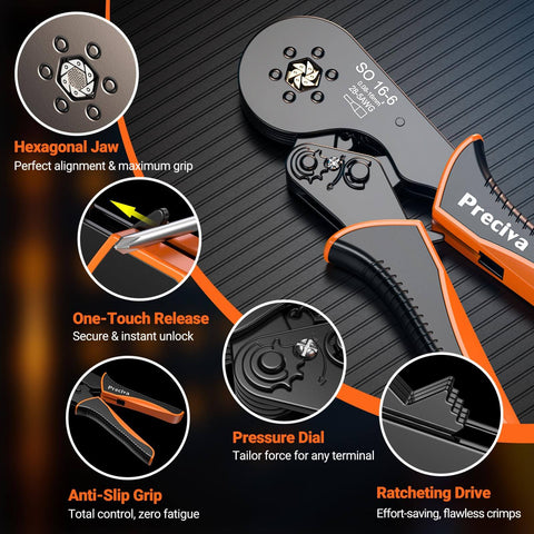 All In One Ferrule Crimping Tool Kit With Self Adjusting Ratchet For AWG 28 To 5 Ferrules And 1275 Pieces Hexagonal Double And Single Wire Connectors In A Heavy Duty Portable Carry Case showcasing hexagonal jaw and features.