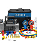 A2L HVAC Vacuum Pump and Manifold Gauge Kit, 1/3 HP 5 CFM, with hoses and fittings, front view showing components.