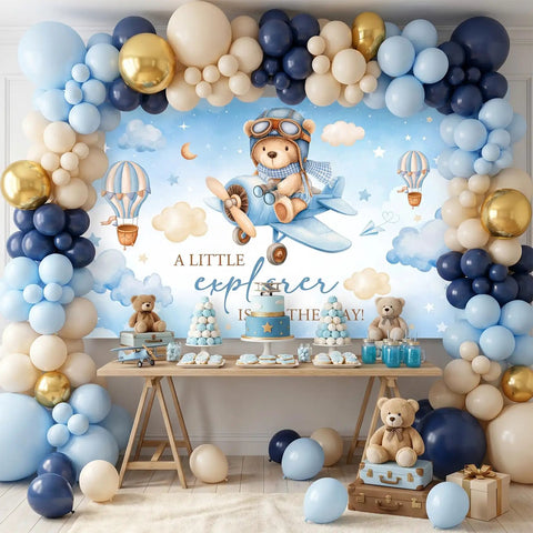 Airplane Baby Shower Banner With Little Explorer Vibe And Hot Air Balloons Boy Shower Backdrop 6 By 3 Point 6 Ft Photo Background