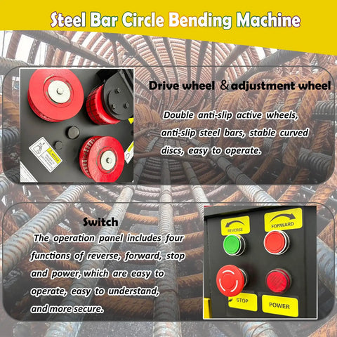 Workhorse Automatic Steel Bar Circle Bending Machine Electric Rebar Bender controls featuring drive wheels and operation panel.
