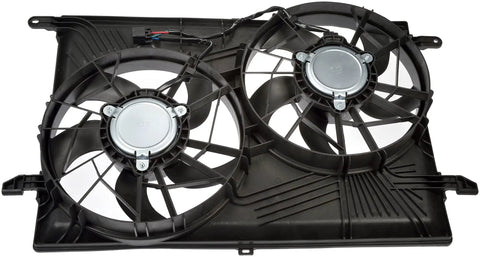 Direct Replacement Engine Cooling Fan Assembly With Heavy Duty Radiator Motor crafted for straight bolt up fitting, featuring dual fans in plastic casing.