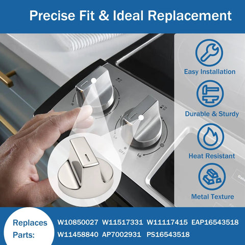Replacement Electric Range Knobs For Whirlpool Ovens And Gas Stoves Easy Install Durable Stainless Backed Knobs With Heat Resistant Ring Fits Models WEC310S0LS1 WEE515S0LZ1 W10850027 W11117415 W11458840 AP7002931 PS16543518 EAP16543518 4 Pack on gas stove control panel