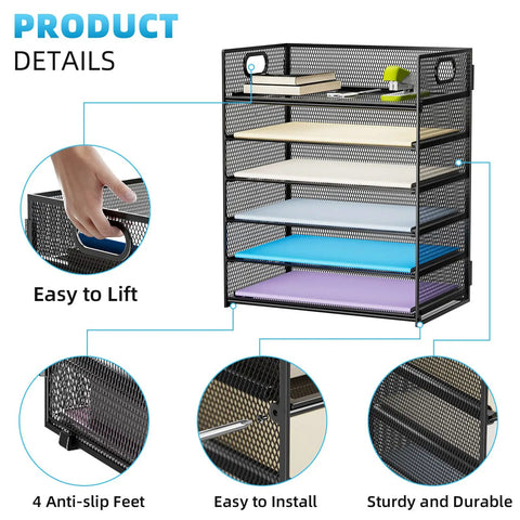 Six Tier Mesh Desk File Tray With Heavy Duty Handle For Office Letter Sorting A4 Paper And Filing Folders, easy to lift and durable.