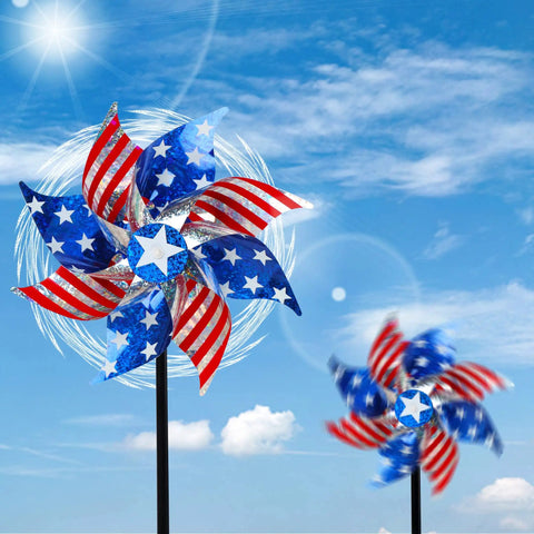 Ten Pack Reflective Pinwheels Patriotic Garden Decor With American Flag On Stick Wind Spinners under blue sky