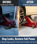 Before and after using the 19 Piece 3 Ton Floor Jack Repair Kit With Replacement Springs And Hydraulic Rebuild Parts For Most 3 Ton Jacks DIY Friendly Install Stops Leaks Restores Power Includes Handle Return Spring Replacement And Worn Seal Set, showing leaked and sealed conditions.