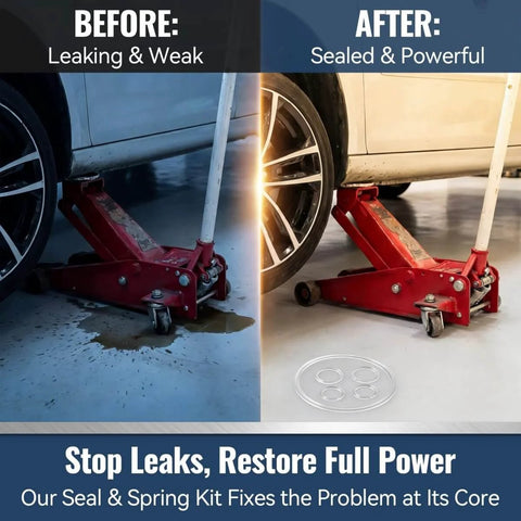 Before and after using the 19 Piece 3 Ton Floor Jack Repair Kit With Replacement Springs And Hydraulic Rebuild Parts For Most 3 Ton Jacks DIY Friendly Install Stops Leaks Restores Power Includes Handle Return Spring Replacement And Worn Seal Set, showing leaked and sealed conditions.
