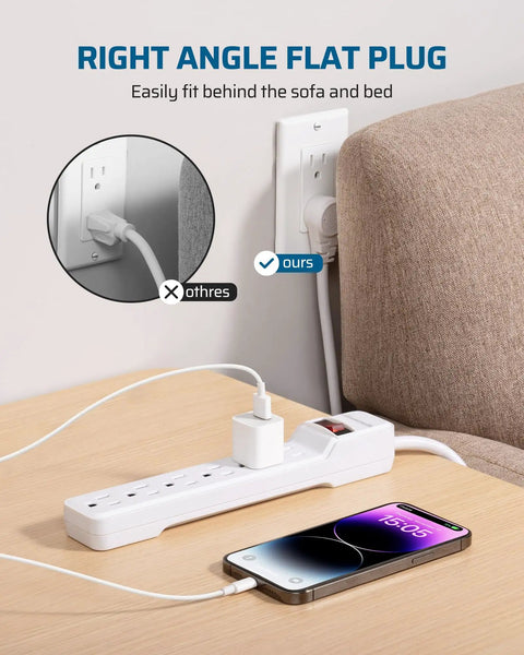 Six Outlet Surge Protector Power Strip With 10 Foot Extension Cord Flat Plug Low Profile Design Wall Mount White UL Listed 15 Amp Circuit Breaker 500 Joules Great for Home Office and Entertainment
