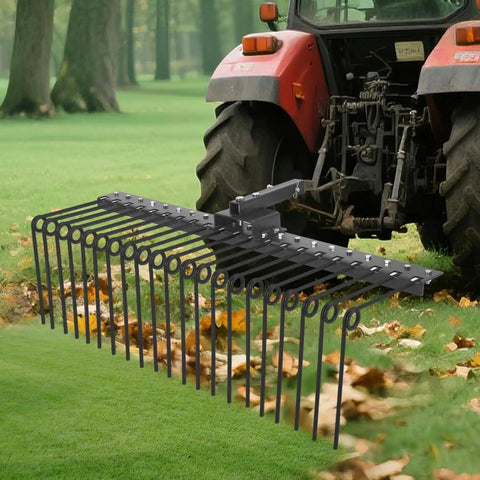 Tow Behind Lawn Dethatcher, 60 Inch Wide With 21 Steel Tines, Category 1 Three Point Hitch Tractor Attachment For Leaves, Pine Needles, Straw, And Grass, Fast Cleanups In Fewer Passes shown installed on a tractor in a field.