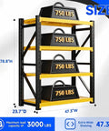 Heavy Duty Metal Garage Shelving Unit, A Dang Solid Shop Storage Rack That Tackles Every Heavy Tool Without Cracking A Sweat, Industrial Load Bearing Organizer, Black Yellow, 47 By 79 By 24 Inches, shows four shelves with weight limit markings.