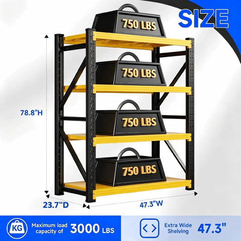 Heavy Duty Metal Garage Shelving Unit, A Dang Solid Shop Storage Rack That Tackles Every Heavy Tool Without Cracking A Sweat, Industrial Load Bearing Organizer, Black Yellow, 47 By 79 By 24 Inches, shows four shelves with weight limit markings.