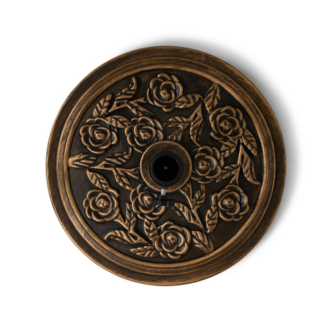 Heavy 20 Pound Patio Umbrella Base Stand With Antique Bronze Rose Medallion Finish Fits 1.5 To 1.9 Inch Poles With Adapters 18 Inch Round Outdoor Umbrella Holder For Deck Patio And Backyard top view