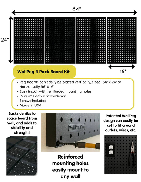 Four Panel Pegboard Kit For Home Garage And Office 24x16 Inch Panels 64x24 Inch Mounted Wall Organizer Made In The United States Includes All Hardware Durable Copolymer Peg Boards For Tool Storage Craft Room Kitchen