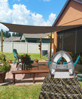 Brown 18 By 22 Ft Sun Shade Sail With A Ring Wire Rope over patio, blocks UV rays, breathable 260 GSM HDPE fabric, backyard scene.