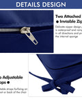 Close-up of navy outdoor chair cushion showing invisible zipper and adjustable ties detail.