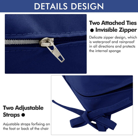 Close-up of navy outdoor chair cushion showing invisible zipper and adjustable ties detail.