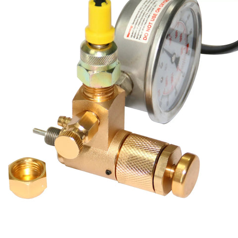 Close-up of JY03 Nitrogen Gas Charging Kit for Hydraulic Breaker Hammer with M10 1 thread connection and pressure gauge.