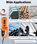 Heavy Duty 2300W Electric Pipe Threader Kit With 6 Interchangeable Dies For Fast And Precise Threading On Construction Sites shown with various pipes.