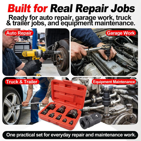 Mechanics using 8 Piece Socket Adapter And Reducer Set For One Quarter, Three Eighths, One Half, and One Inch sizes on various tools.