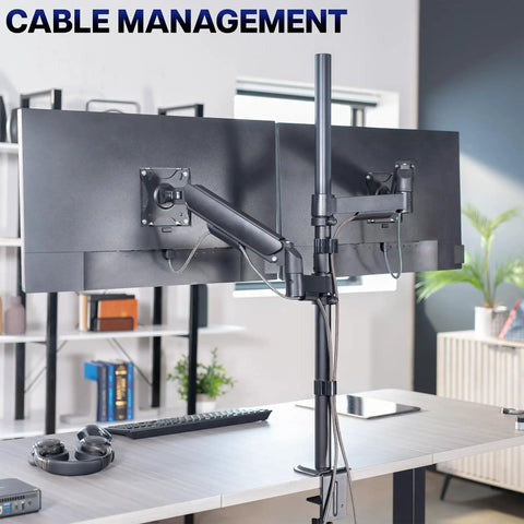 Extra Tall Dual Monitor Stand Swivels Smoothly For Screens Up To 32 Inches Heavy Duty Steel Vesa Mount with cable management.