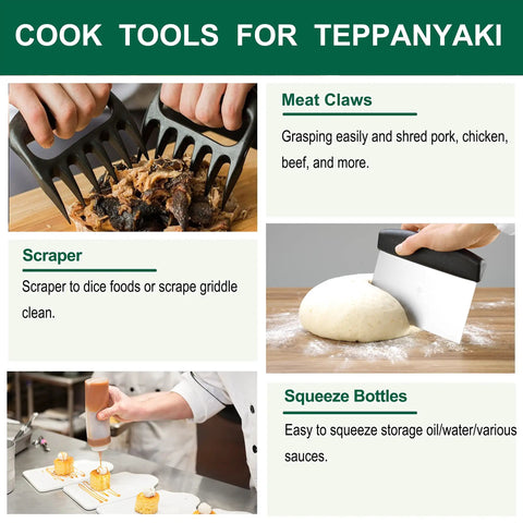 All In One 46 Piece Griddle Tools Set With Heavy Duty Stainless Spatulas And Plastic Handles For Flat Top Grills Teppanyaki Hibachi Outdoor Camping Grilling The Ultimate Grill Gear Kit with meat claws, scraper, and squeeze bottles shown.