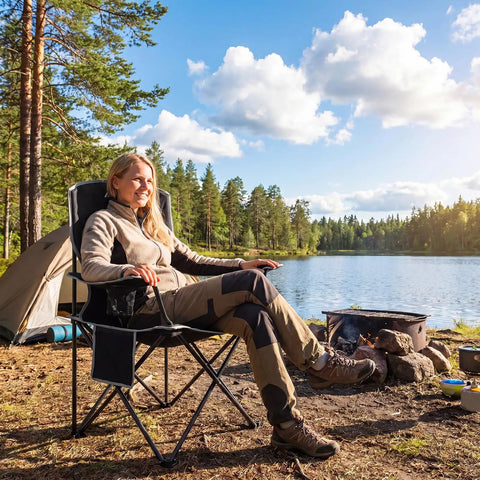 Person sitting by a lake on a Two Pack Lightweight Folding Camping Chairs For Adults With 4 Can Cooler Bag Cup Holder And Carry Bag