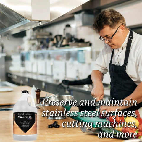 Chef using Top Notch Ultrapure Mineral Oil For Cutting Boards And All Wood Care 1 Gallon Fragrance Free Food Grade Made In USA