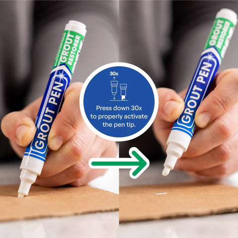 White Tile Grout Paint Marker For Grout Color And Sealer Waterproof Narrow 5mm Tip 7mL in hand showing activation instructions