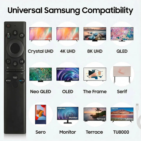 Solar Charging Voice Remote With USB C Rechargeable Battery For Smart TVs 2019 Through 2025 Eco Friendly TV Remote beside compatible Samsung TV models