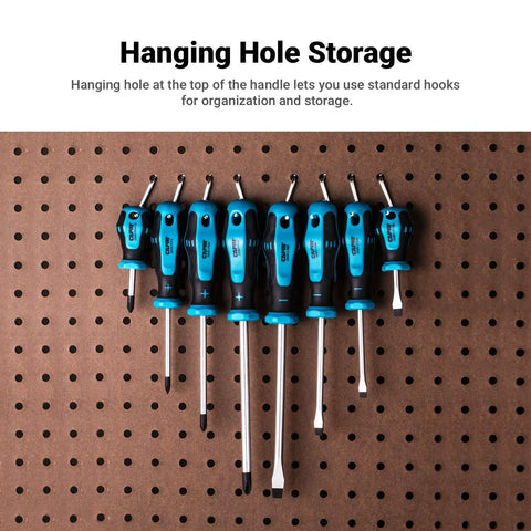 Kontour Screwdriver Set 8-Piece With Mechanics Tray displayed on pegboard, ergonomic handles and hanging hole for storage.