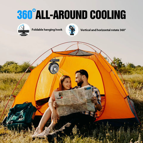 Couple in tent with Must Have All In One Camping Fan With LED Lantern And Aroma Diffuser 40 Hour Rechargeable Battery Hanging Hook