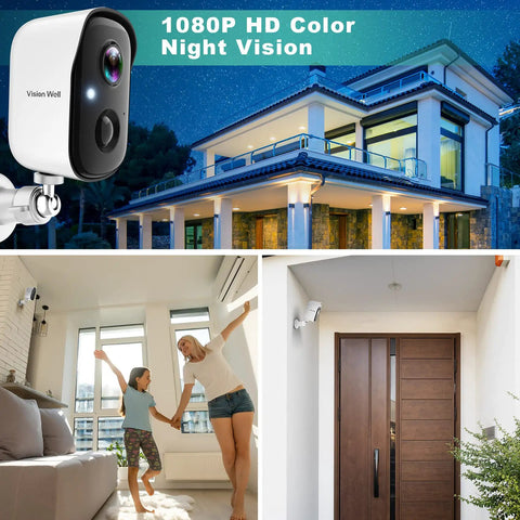 Battery Powered Outdoor Security Camera With Spotlight, 2K HD Wireless WiFi, installed on modern home, showing night vision capability
