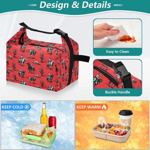 Cowboy Themed Lunch Bag For Women And Men, Reusable Insulated Lunch Tote with buckle handle and easy-to-clean design.