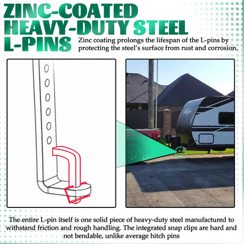 Diagram of Two Pack Premium Snap L Pins For Weight Distribution Hitches With Integrated Clips Four And A Quarter Inch By One And Three Quarters Inch Heavy Duty Zinc Coated Steel To Cut Hitch Noise And Vibration, illustrating durability and application in towing setup with trailer