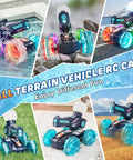 Amphibious RC Car That Rips On Land And Water 4WD Waterproof Monster with Water Gun showcasing various terrains and colors.
