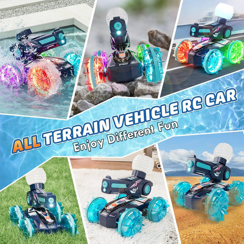 Amphibious RC Car That Rips On Land And Water 4WD Waterproof Monster with Water Gun showcasing various terrains and colors.
